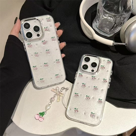 Transparente Glitzer TPU iPhone Hülle Mit Kirschmuster Künstliche Perlen Und Anhänger Süße Schutzhülle Für Frauen Mädchen