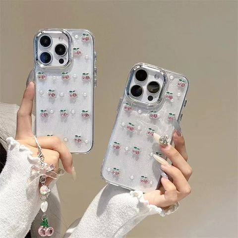 Transparente Glitzer TPU iPhone Hülle Mit Kirschmuster Künstliche Perlen Und Anhänger Süße Schutzhülle Für Frauen Mädchen