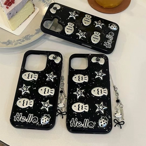 Gegalvaniseerde Telefoonhoes Met Kralenkoord 3D Vis Ster Aardbei Decoratie Y2K Stijl Beschermhoes TPU