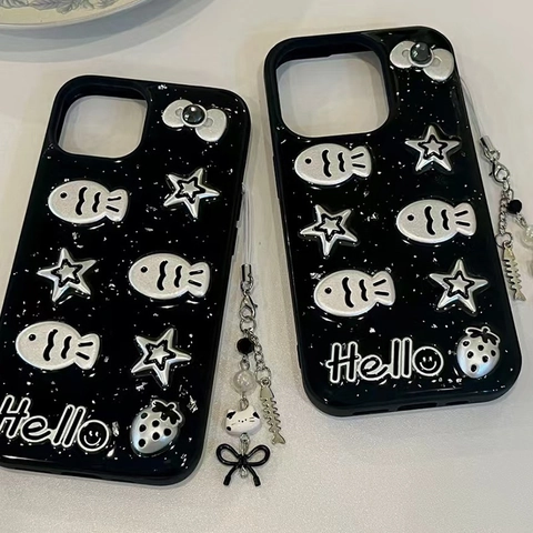 Gegalvaniseerde Telefoonhoes Met Kralenkoord 3D Vis Ster Aardbei Decoratie Y2K Stijl Beschermhoes TPU