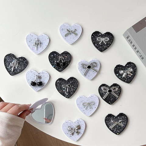 Heart Shaped Compact Mirror Portable Folding Makeup Mirror With Glitter Sequins Bow Cherry For Women Girls