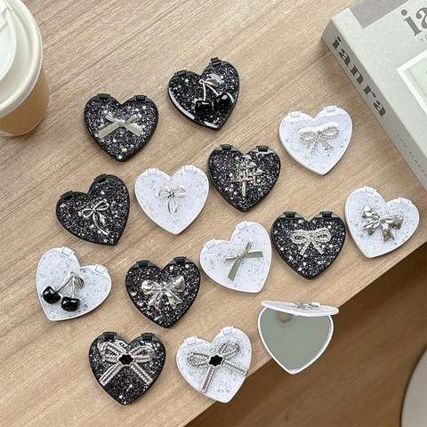Heart Shaped Compact Mirror Portable Folding Makeup Mirror With Glitter Sequins Bow Cherry For Women Girls