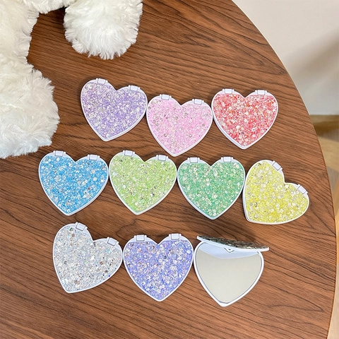 Heart Shaped Phone Mirror Flip Foldable Phone Grip Shiny Glitter Sequin Adhesive Back Makeup Mirror For Smartphones
