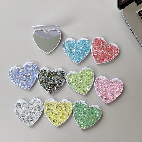 Heart Shaped Phone Mirror Flip Foldable Phone Grip Shiny Glitter Sequin Adhesive Back Makeup Mirror For Smartphones