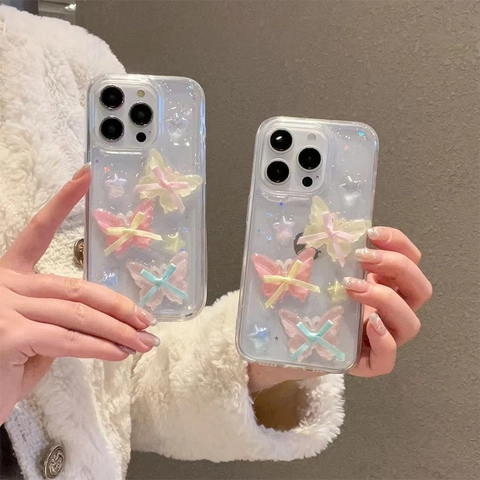 Transparant Telefoonhoesje Met 3D Resin Vlinders En Strikken Glitter Sterren Zoete Girly Stijl Beschermhoes