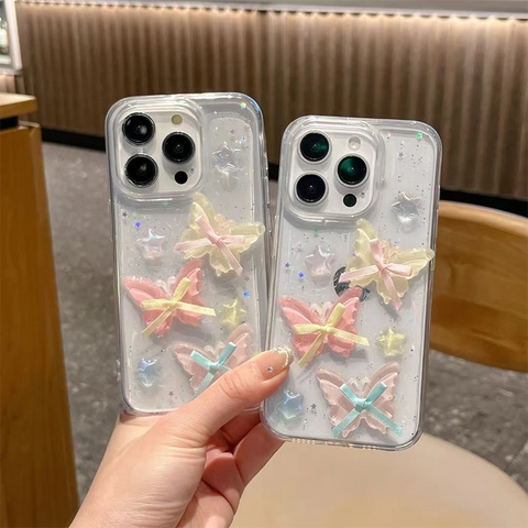 Transparant Telefoonhoesje Met 3D Resin Vlinders En Strikken Glitter Sterren Zoete Girly Stijl Beschermhoes
