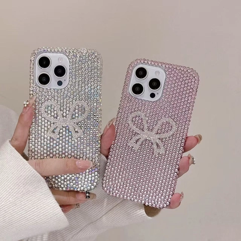 Luxury Full Rhinestone Phone Case With Dimensional Bowtie Design For Women Shiny Bling Protective Cover Shockproof