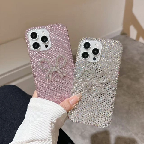 Luxury Full Rhinestone Phone Case With Dimensional Bowtie Design For Women Shiny Bling Protective Cover Shockproof