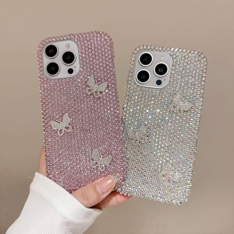 Glinsterende Acryl Strass Telefoonhoesje Met Luxe 3D Vlinder Decoratie Elegante Beschermhoes Voor Vrouwen Meisjes