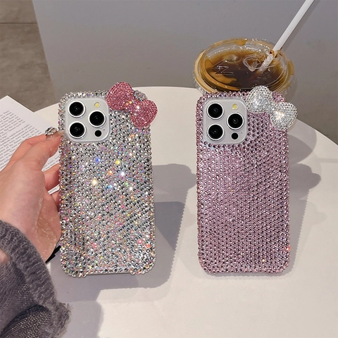 Luxus Strass Schleife Handyhülle Für iPhone Funkelnde Acryl Diamant Handgemachte Glitzer Abdeckung Für Damen