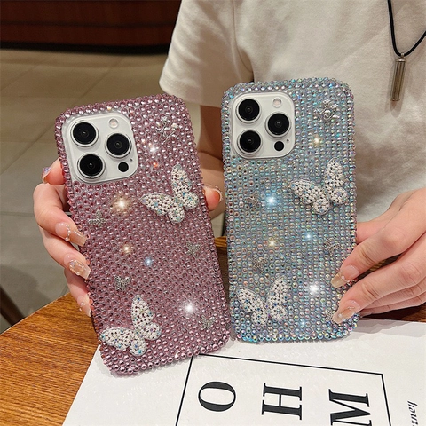 Custodia Per Telefono Farfalla 3D In Strass Di Lusso Luccicante Decorativa Fatta A Mano Per iPhone 16 15 14 13 Pro Max
