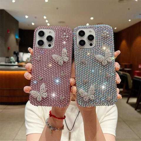 Custodia Per Telefono Farfalla 3D In Strass Di Lusso Luccicante Decorativa Fatta A Mano Per iPhone 16 15 14 13 Pro Max