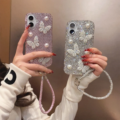 Luxury Full Rhinestone Butterfly Artificial Pearl Phone Case With Bling Hand Wrist Strap For IPhone Fashion Elegant Women