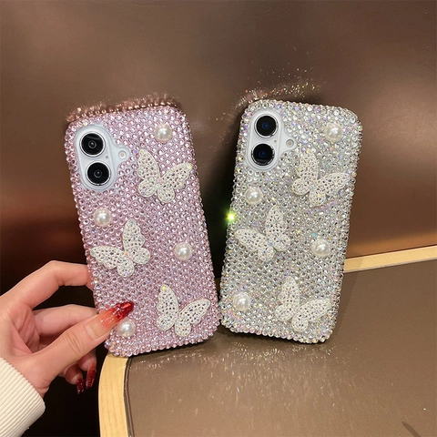 Luxury Full Rhinestone Butterfly Artificial Pearl Phone Case With Bling Hand Wrist Strap For IPhone Fashion Elegant Women