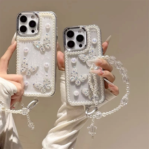 Elegant Artificial Pearl Butterfly Glitter Phone Case For iPhone Luxury Sparkling Rhinestone PC Cover Shell For Women Girls