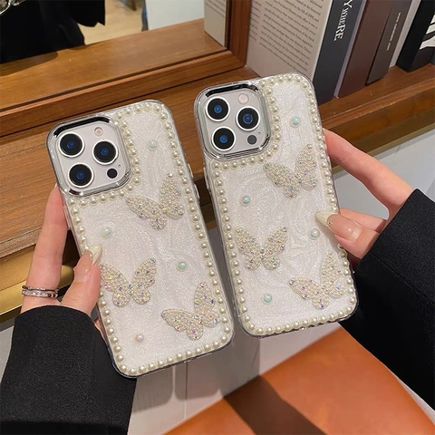 Elegant Artificial Pearl Butterfly Glitter Phone Case For iPhone Luxury Sparkling Rhinestone PC Cover Shell For Women Girls
