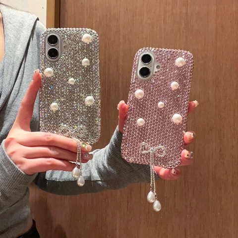 Luxury PC Rhinestone Artificial Pearl Phone Case With Bowknot Tassel Pendant Handcrafted Elegant Fashionable Accessory