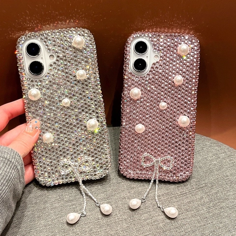 Luxury PC Rhinestone Artificial Pearl Phone Case With Bowknot Tassel Pendant Handcrafted Elegant Fashionable Accessory