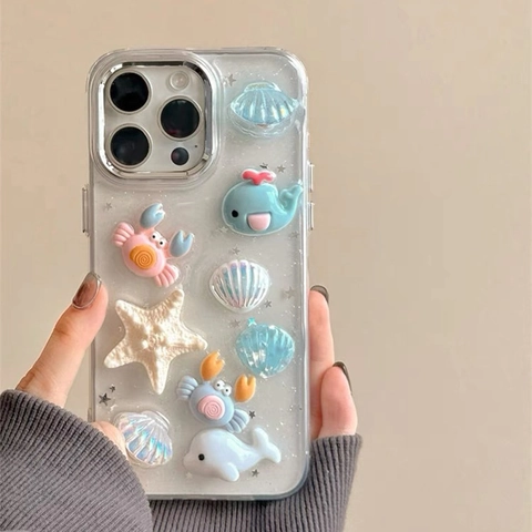 Funda De Teléfono Kawaii 3D Animales Marinos TPU Transparente Concha Brillo Lentejuelas Ballena Cangrejo Estrella