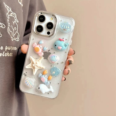 Funda De Teléfono Kawaii 3D Animales Marinos TPU Transparente Concha Brillo Lentejuelas Ballena Cangrejo Estrella