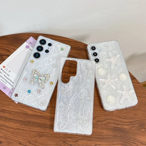 Luxury Butterfly Heart Starfish 3D Relief Phone Case Artificial Pearl Texture TPU Protective Cover For Samsung Galaxy S24 S25 Ultra