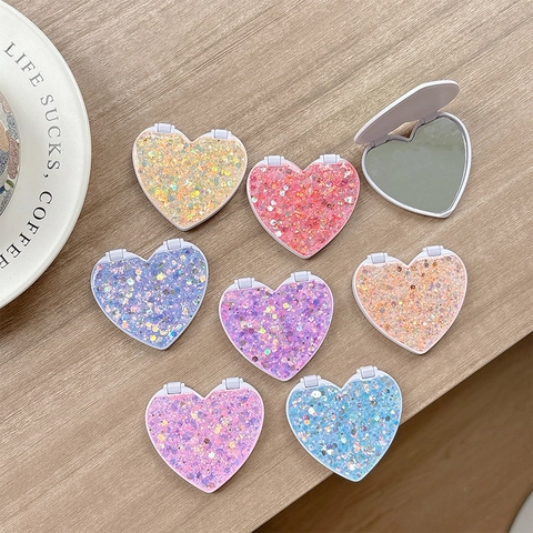 Specchio Da Trucco Pieghevole Portatile A Forma Di Cuore Con Paillettes Scintillanti Colorate In Plastica Compatto Per Viaggi Donne Ragazze