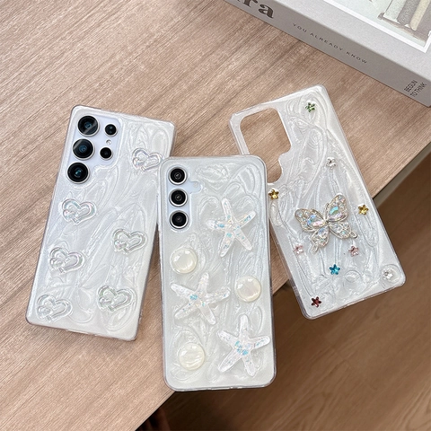 Luxury Butterfly Heart Starfish 3D Relief Phone Case Artificial Pearl Texture TPU Protective Cover For Samsung Galaxy S24 S25 Ultra
