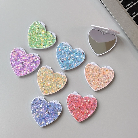 Specchio Da Trucco Pieghevole Portatile A Forma Di Cuore Con Paillettes Scintillanti Colorate In Plastica Compatto Per Viaggi Donne Ragazze