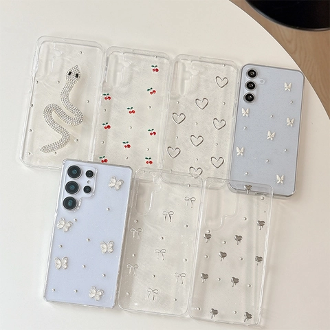Funda Para Teléfono 3D Brillo Corazón Mariposa Serpiente Cereza Acrílico Transparente Cubierta Protectora Para Serie Galaxy
