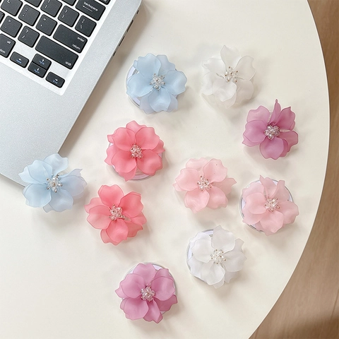Dimensional Camellia Flower Phone Grip Holder Plastic Resin Matte Translucent Sweet Floral Desktop Socket For Mobile Phones