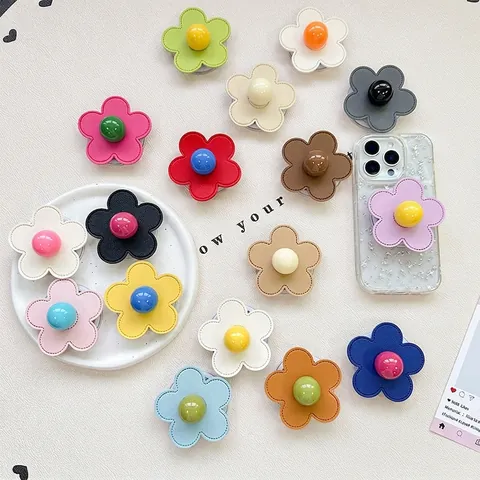 Fashion Flower Phone Griptok Holder PU Leather Stitching Petal Magnetic Adhesive Collapsible Grip Tok Hand Support
