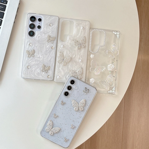 Funda De Teléfono 3D Mariposa Perla Artificial S22 S23 S24 S25 Ultra Plus TPU Glitter Floral Rhinestone Luxury Fashion Soft Cover