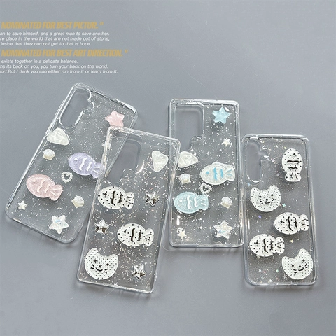 Cute Stereo Cat Fish Star Charm Phone Case For Samsung Galaxy S25 S24 Ultra S23 Plus A55 Transparent TPU Glitter Sparkle Cover
