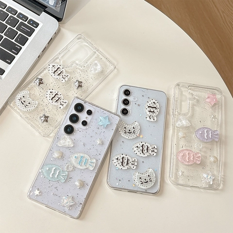 Cute Stereo Cat Fish Star Charm Phone Case For Samsung Galaxy S25 S24 Ultra S23 Plus A55 Transparent TPU Glitter Sparkle Cover
