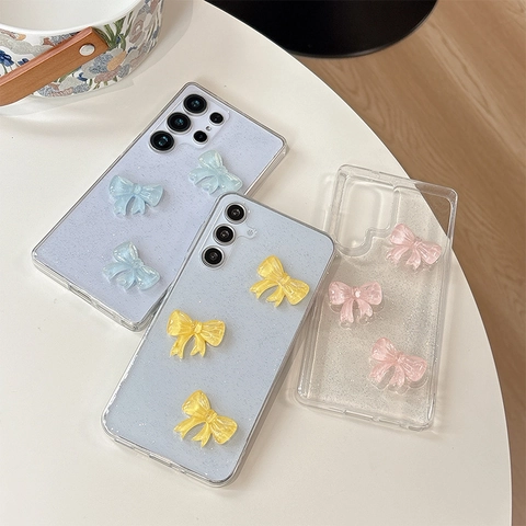 Funda Samsung Galaxy 3D Resina Lazo Purpurina Transparente TPU Antigolpes Dulce Ins Estilo Protectora