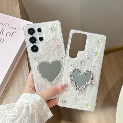 Custodia Samsung Galaxy S26 S25 S24 S23 Ultra A16 TPU Strass Farfalla 3D Specchio Cuore Glitter Perla Artificial Cover Protettiva