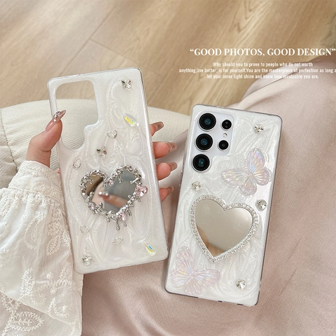 Custodia Samsung Galaxy S26 S25 S24 S23 Ultra A16 TPU Strass Farfalla 3D Specchio Cuore Glitter Perla Artificial Cover Protettiva