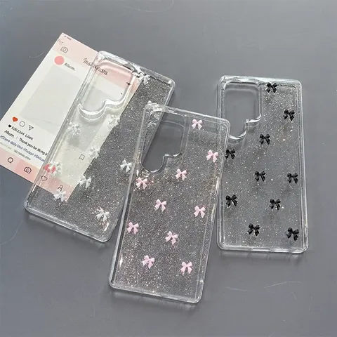 Phone Case For Samsung Galaxy S25 S24 Ultra A55 Transparent Glitter 3D Bowknot Shockproof Slim Sweet Cover