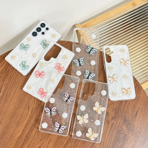 Custodia TPU Farfalla Fiore 3D Per Samsung Galaxy S23 S24 S25 Ultra Plus Glitter Lusso Stile Coreano Cover Protettiva