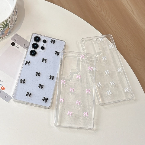 Phone Case For Samsung Galaxy S25 S24 Ultra A55 Transparent Glitter 3D Bowknot Shockproof Slim Sweet Cover