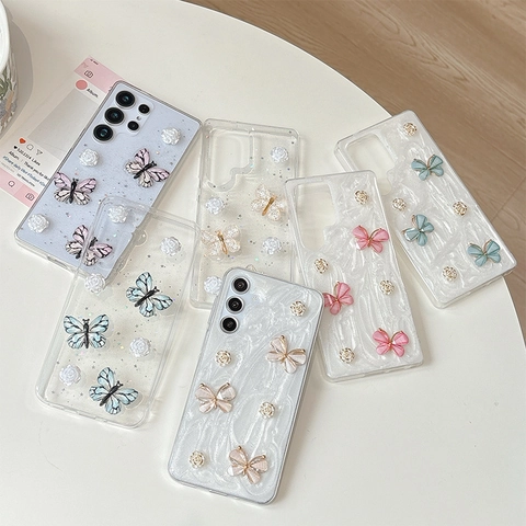 Custodia TPU Farfalla Fiore 3D Per Samsung Galaxy S23 S24 S25 Ultra Plus Glitter Lusso Stile Coreano Cover Protettiva