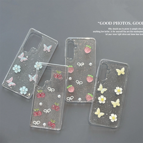 Custodia Per Telefono Farfalla Frutta In Resina 3D TPU Glitter Trasparente Cover Morbida Per Samsung Galaxy Antiurto Dolce