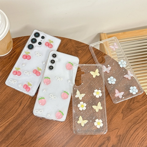 Custodia Per Telefono Farfalla Frutta In Resina 3D TPU Glitter Trasparente Cover Morbida Per Samsung Galaxy Antiurto Dolce