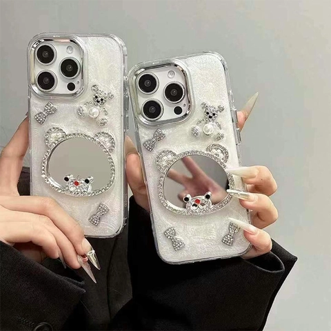 Phone Case TPU Rhinestone Artificial Pearl Bowknot Bear Shape Mirror Sparkle Glitter Luxury Cute Protective Cover For Women Girls