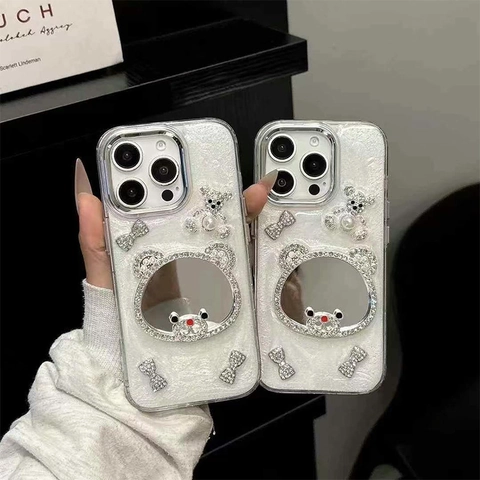 Phone Case TPU Rhinestone Artificial Pearl Bowknot Bear Shape Mirror Sparkle Glitter Luxury Cute Protective Cover For Women Girls