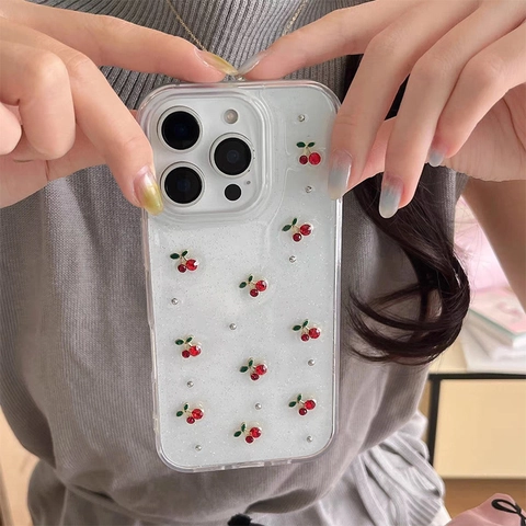 Custodia Smartphone Trasparente Glitterata Con Ciliegia Rossa 3D E Perline Argentate Stile Dolce Antiurto In Morbido TPU