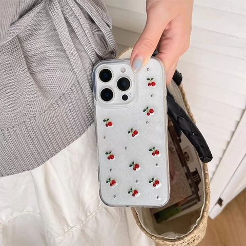 Custodia Smartphone Trasparente Glitterata Con Ciliegia Rossa 3D E Perline Argentate Stile Dolce Antiurto In Morbido TPU