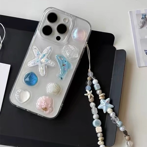 3D Ocean Theme TPU Transparent Phone Case Shell Starfish Dolphin Artificial Pearl Heart Glitter Protective Cover For Women