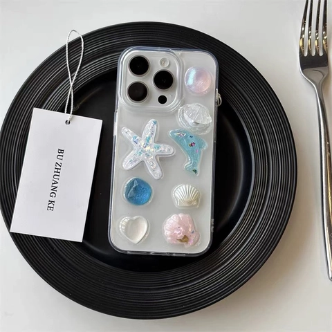 3D Ocean Theme TPU Transparent Phone Case Shell Starfish Dolphin Artificial Pearl Heart Glitter Protective Cover For Women