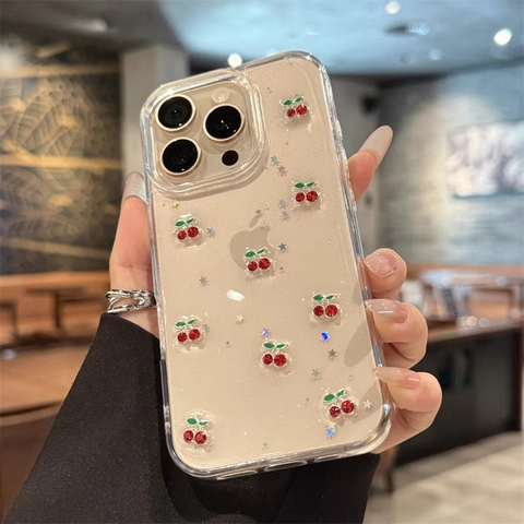 Transparente TPU Handyhülle Süße 3D Kirsche Glitzer Stern Pailletten Weiche Stoßfeste Schutzhülle Für Frauen Mädchen